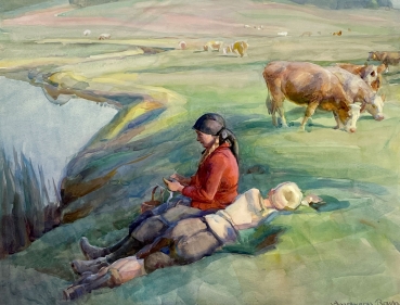 Andreas Bach, Bäuerin am Wasser mit Kühen