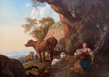 Nicolaes Berchem (zug.), Hirtin mit ihren Tieren vor einer Höhle